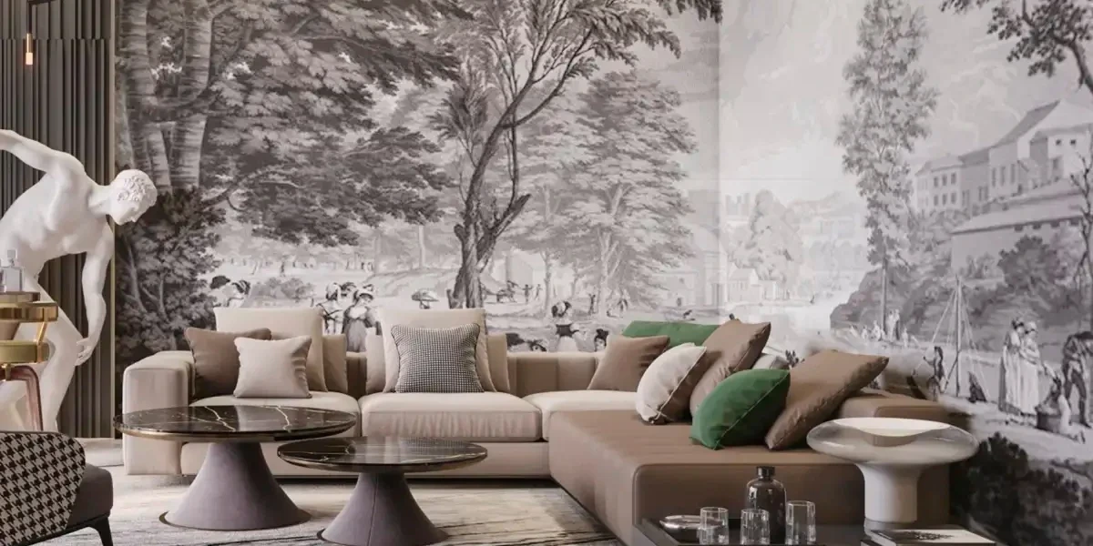 Monochrome mural wallpaper behind a lounge