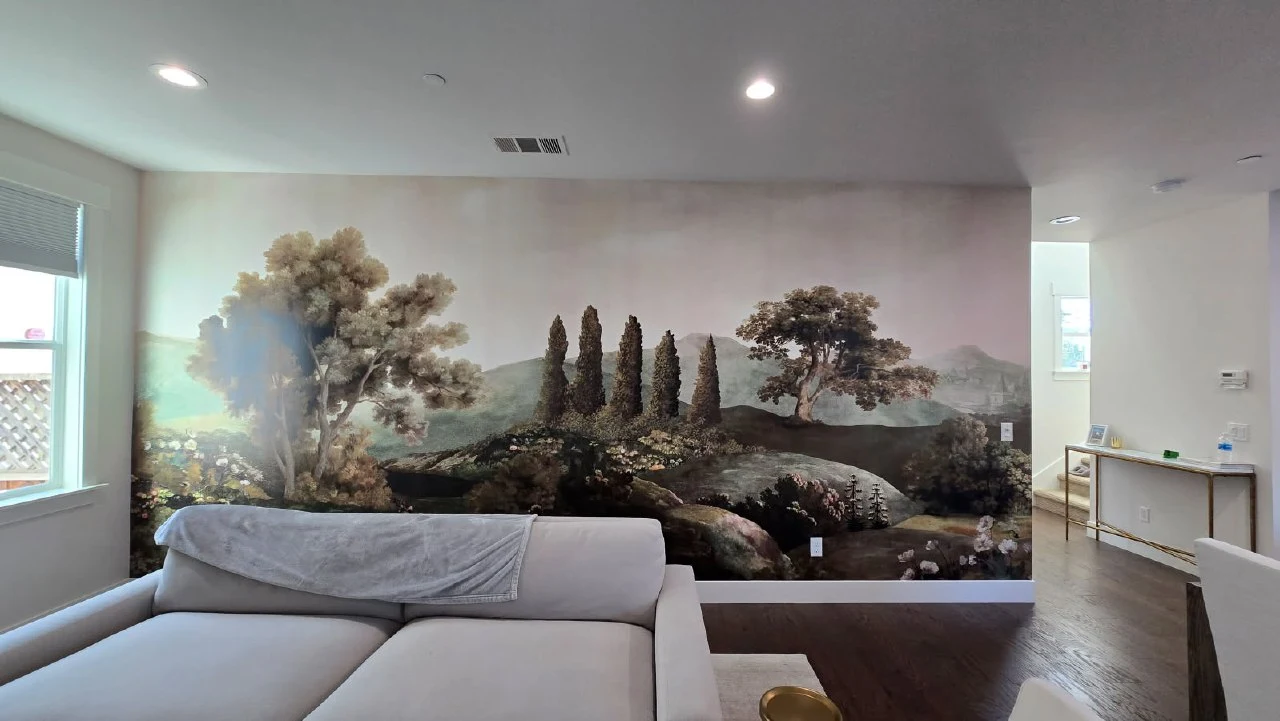 Tree mural wallpaper in a bright living room